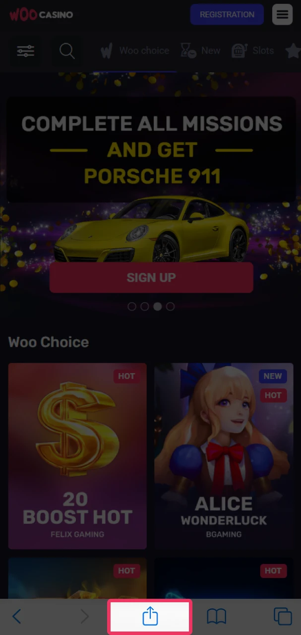Click Share to add the Woo Casino shortcut to your home screen.