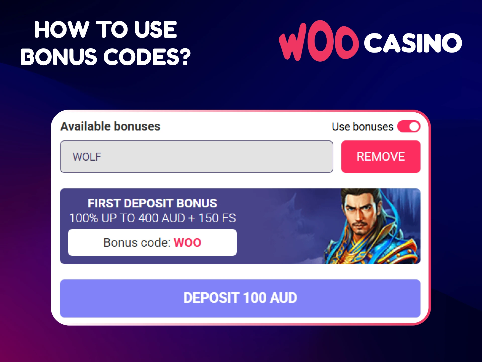 Learn how to use bonus codes at Woo Casino.